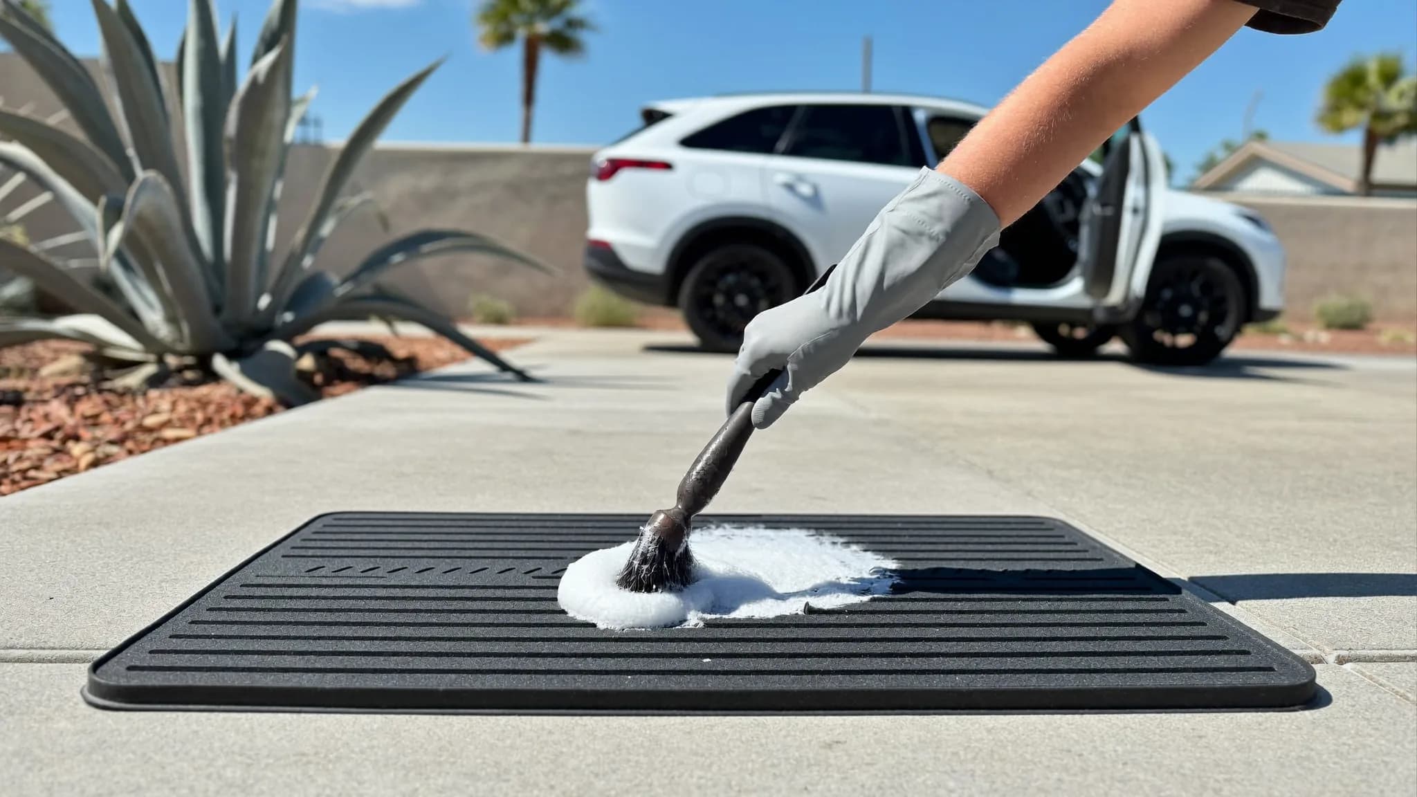 Scrubbing a rubber mat while showing how to clean car floor mats in a Las Vegas driveway