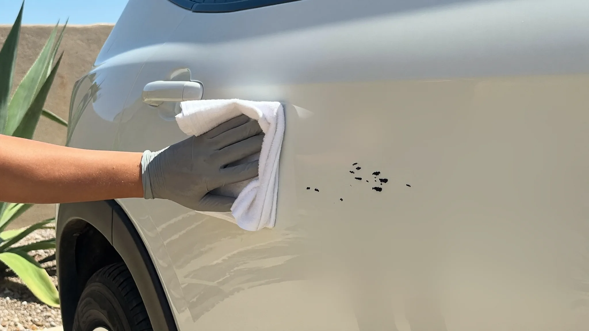 Wiping tar specks off car paint with a microfiber towel to show how to remove tar from car paint