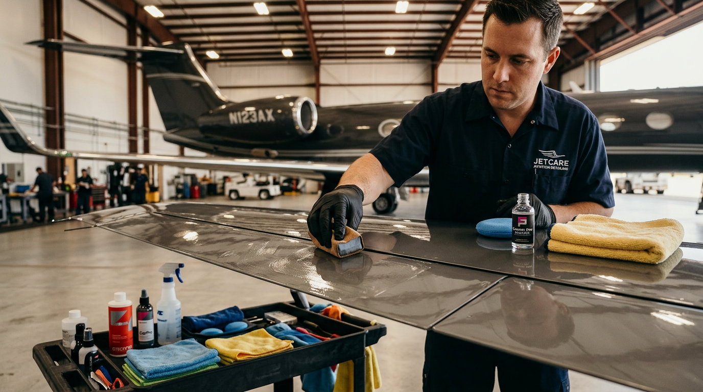 Professional applying ceramic coating to aircraft wing in aviation hangar