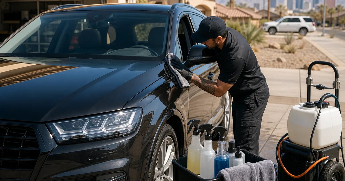 Mobile detailing setup restoring a black SUV in a Las Vegas driveway after airport travel