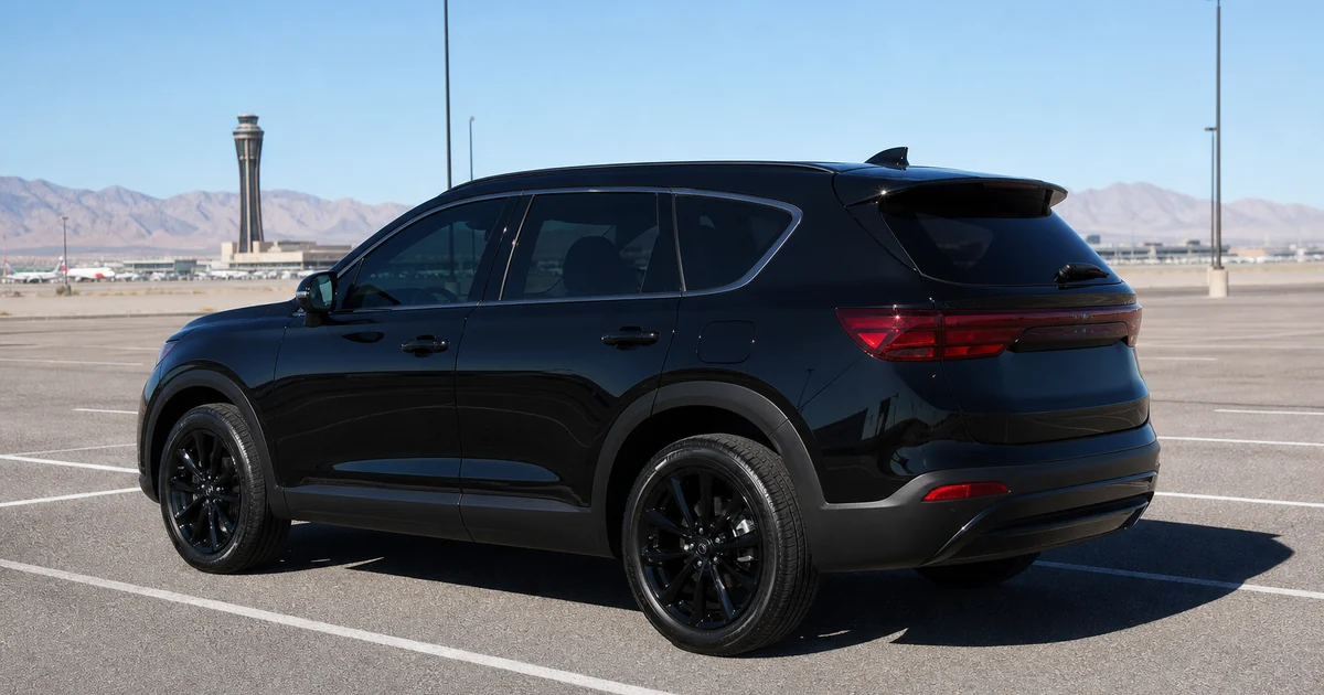 Unbranded black SUV parked in Las Vegas airport long-term parking under desert sun