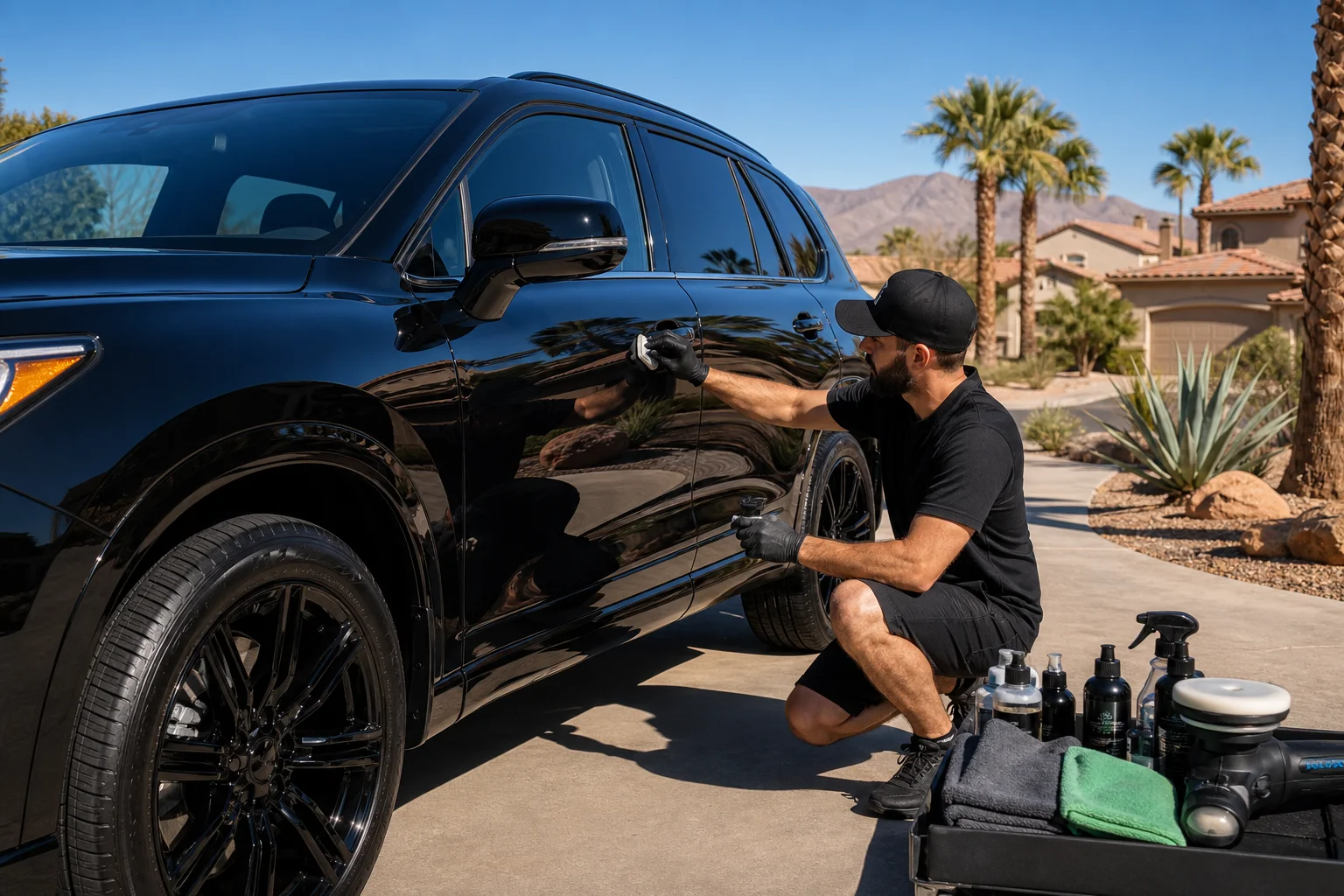 Professional auto detailing resale value preparation on a sedan in Las Vegas driveway