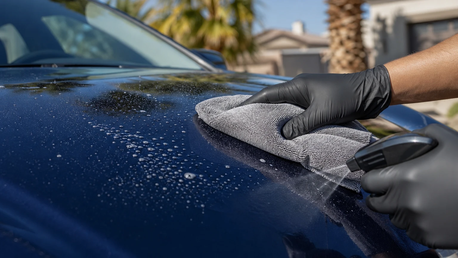 AOA Detailing technician using a microfiber towel and pH-neutral detail spray to safely lift tree sap from a car's clear coat