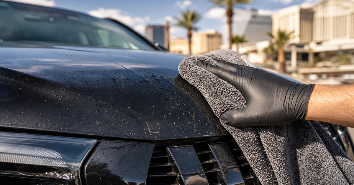 Professional detailer gently lifts softened insect residue from a dark vehicle hood with a clean microfiber towel