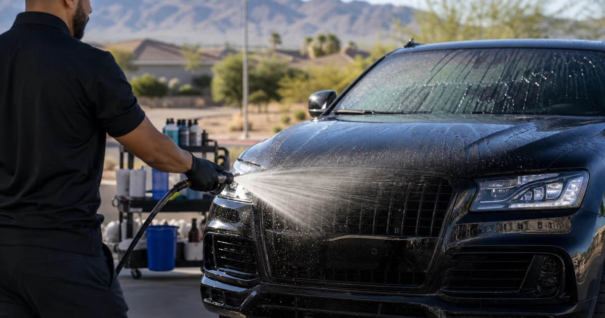 Mobile detailer rinsing the front end of a dark SUV before a contact wash in Las Vegas