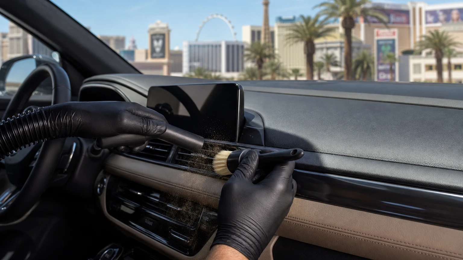 Car AC vent cleaning Las Vegas service using a soft brush and controlled vacuum on a dusty dashboard vent