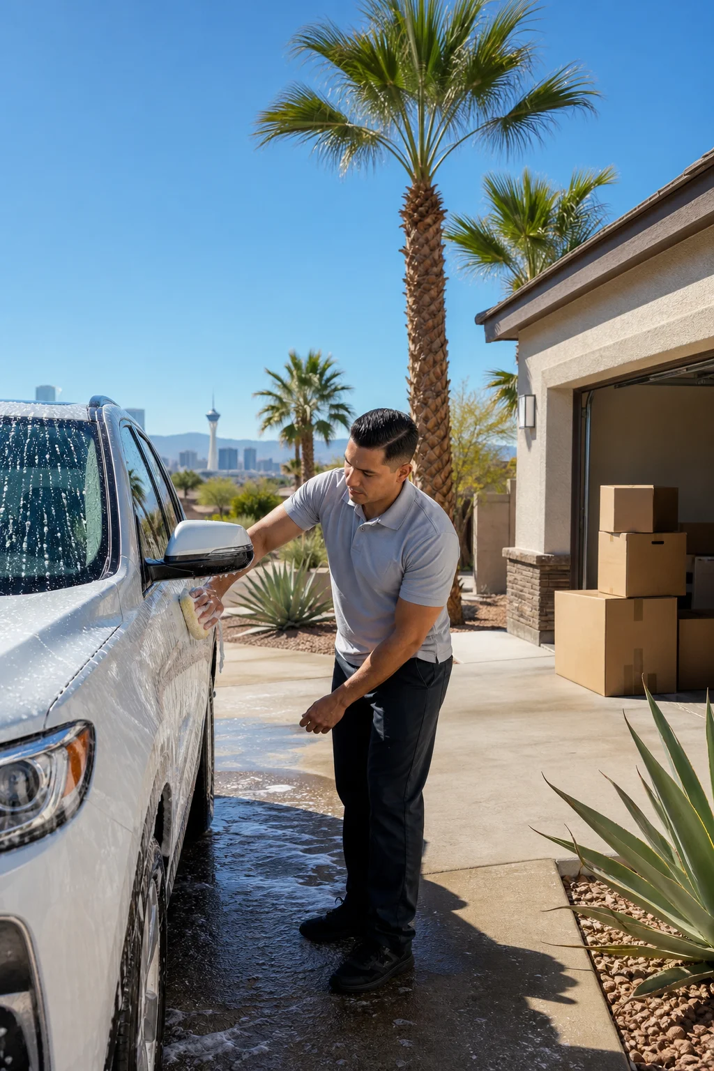 Mobile detailer washing a clean sedan in a sunny Las Vegas driveway, an example of car care for new Las Vegas residents adjusting to the desert climate