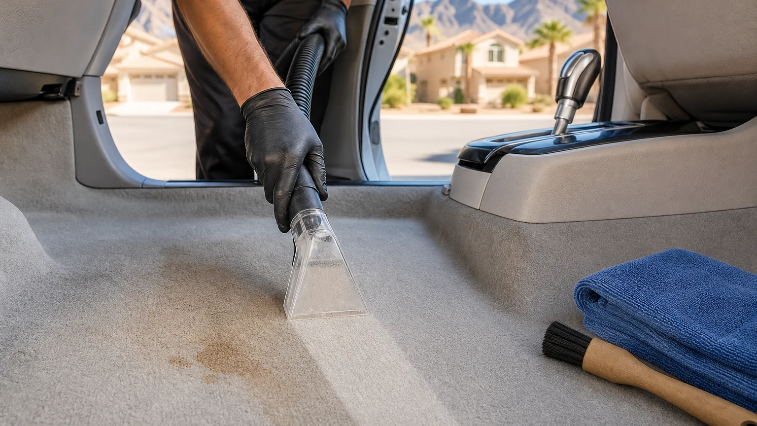 Professional hot-water extraction during car carpet cleaning in Las Vegas, lifting a drink stain from light carpet