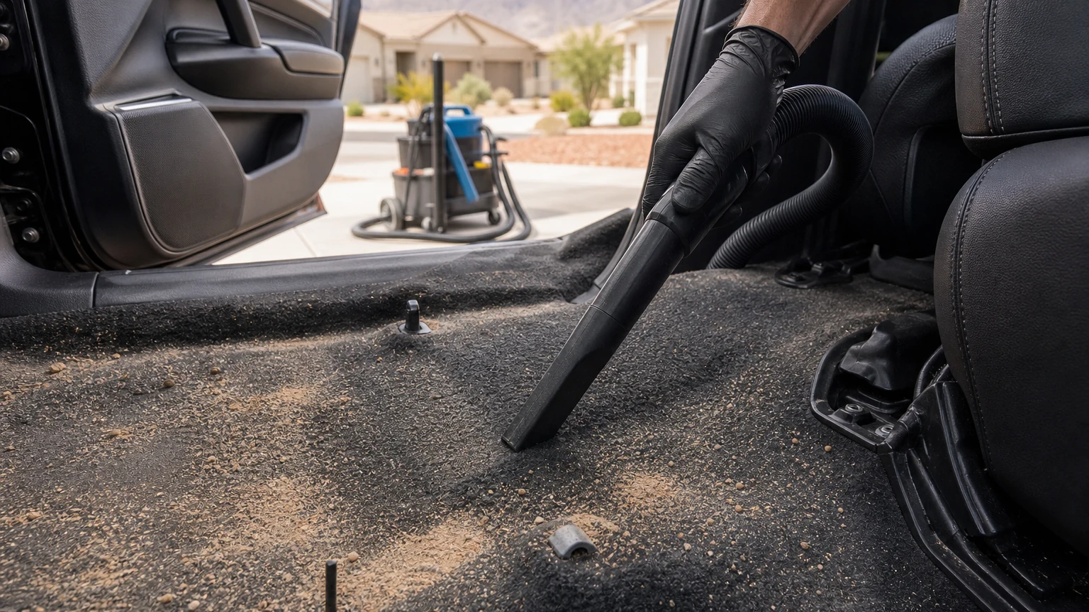 Car carpet cleaning Las Vegas service removing desert sand with a professional vacuum tool