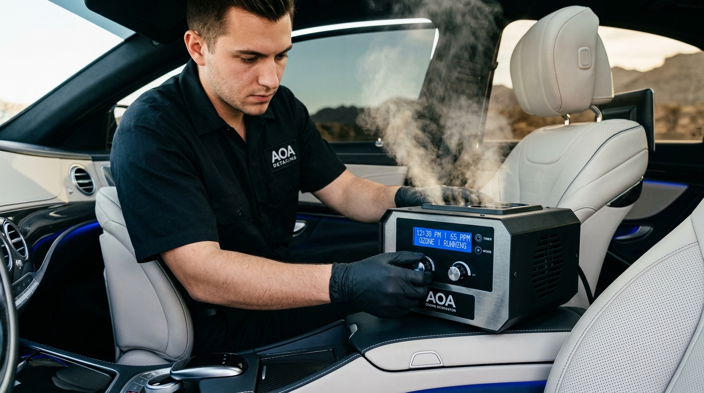 AOA Detailing technician using a professional ozone generator inside a Las Vegas car interior — electric blue LED readout, platinum-white leather seats, midnight-black gloves