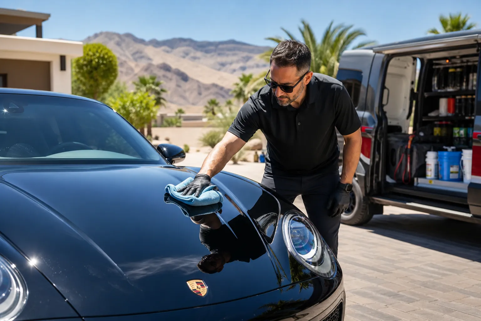 Mobile detailer applying paint correction to a glossy black sports car before a Las Vegas car show