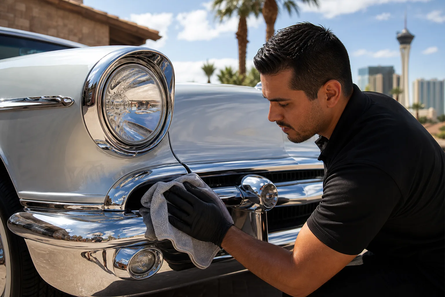 Mobile detailer hand-polishing a classic car's chrome bumper and headlight, a classic car detailing in Las Vegas appointment
