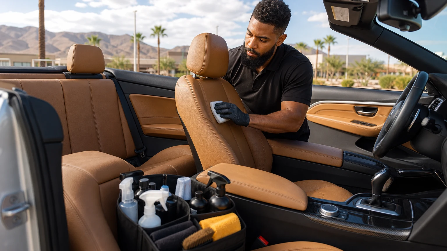 Convertible detailing Las Vegas interior service showing a detailer conditioning leather seats with the top down