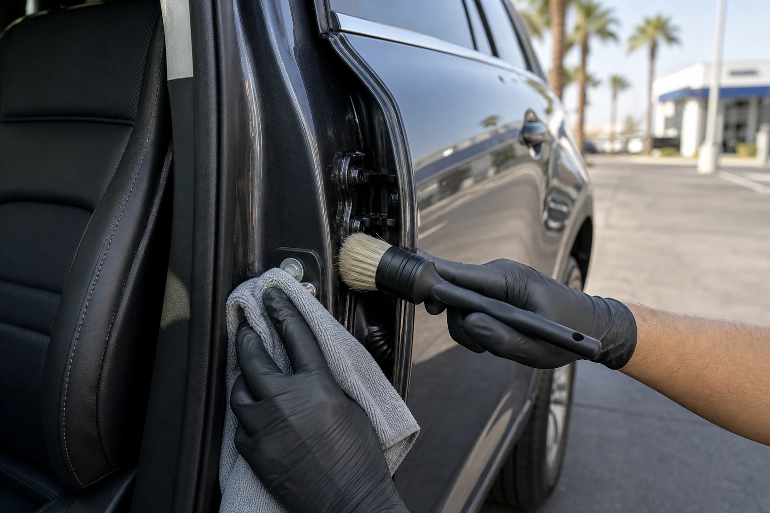 Gloved detailer cleaning an SUV door jamb with a soft brush and microfiber towel