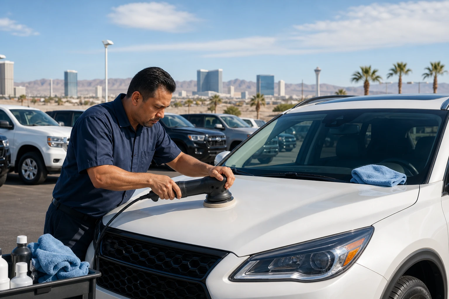 Professional detailer lightly polishing the hood of a white crossover SUV on a Las Vegas vehicle lot
