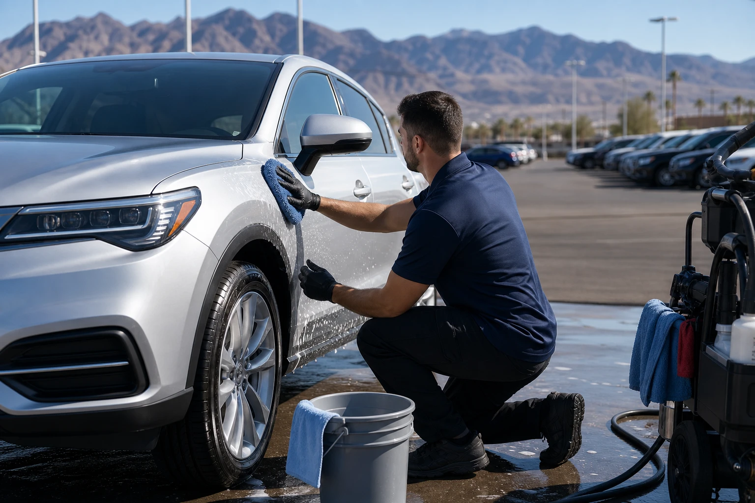 Mobile detailer hand-washing a silver SUV on a Las Vegas vehicle lot with desert mountains in the background