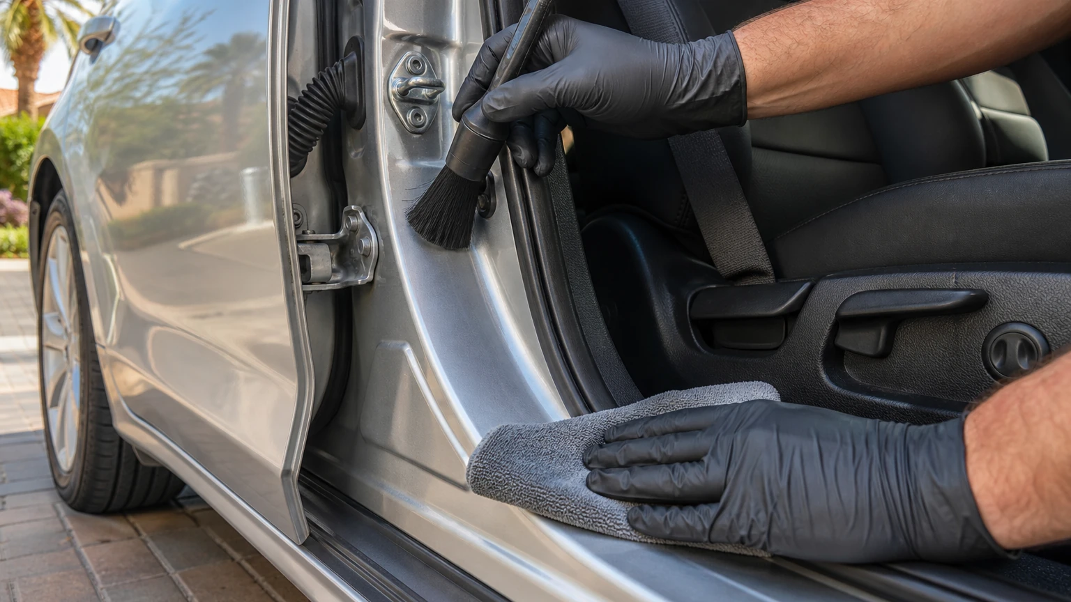 Gloved hands using a soft detailing brush and microfiber towel on a silver car door hinge and sill