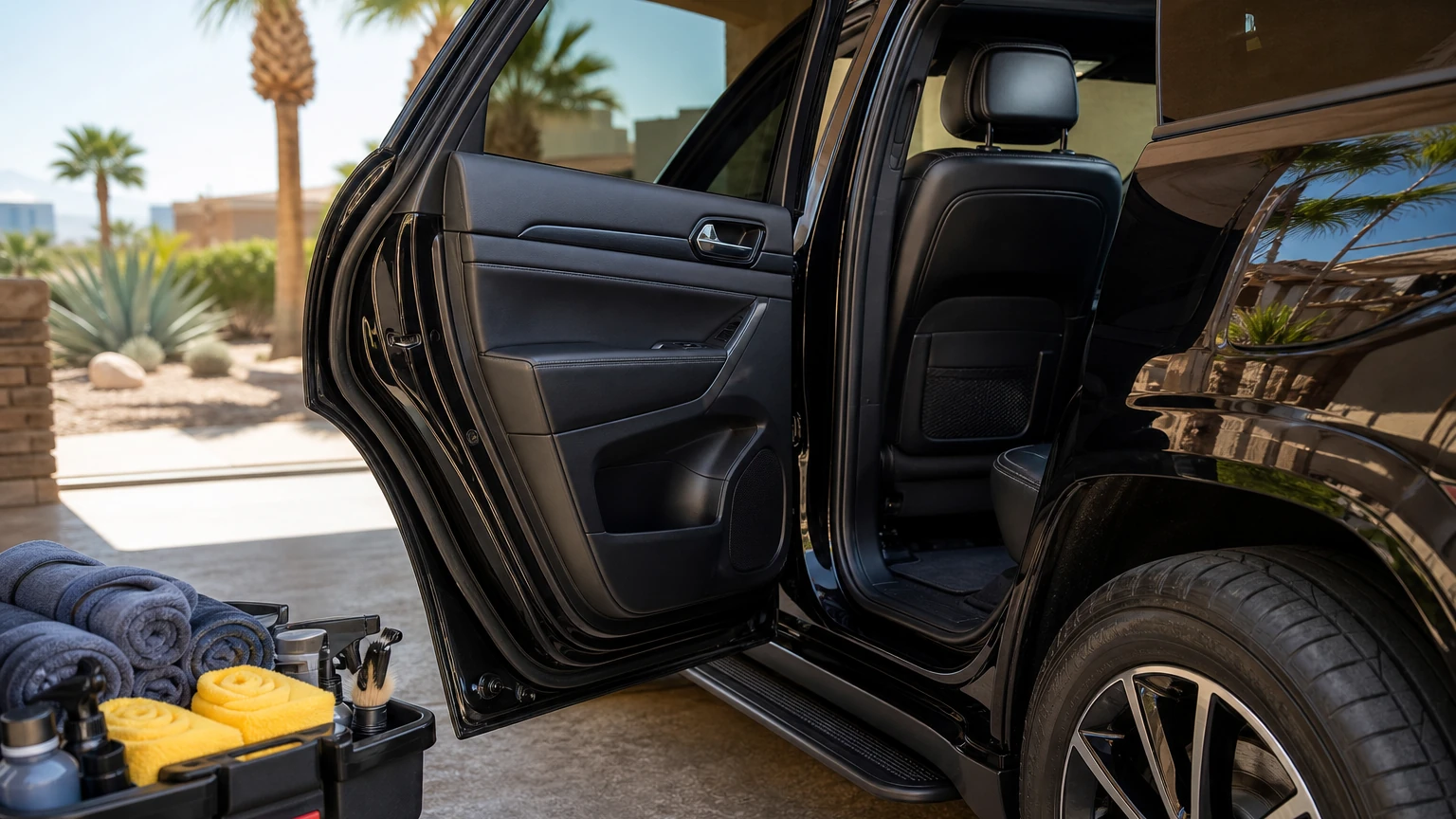 Clean black SUV door opening and sill beside a mobile detailing caddy in a Las Vegas carport
