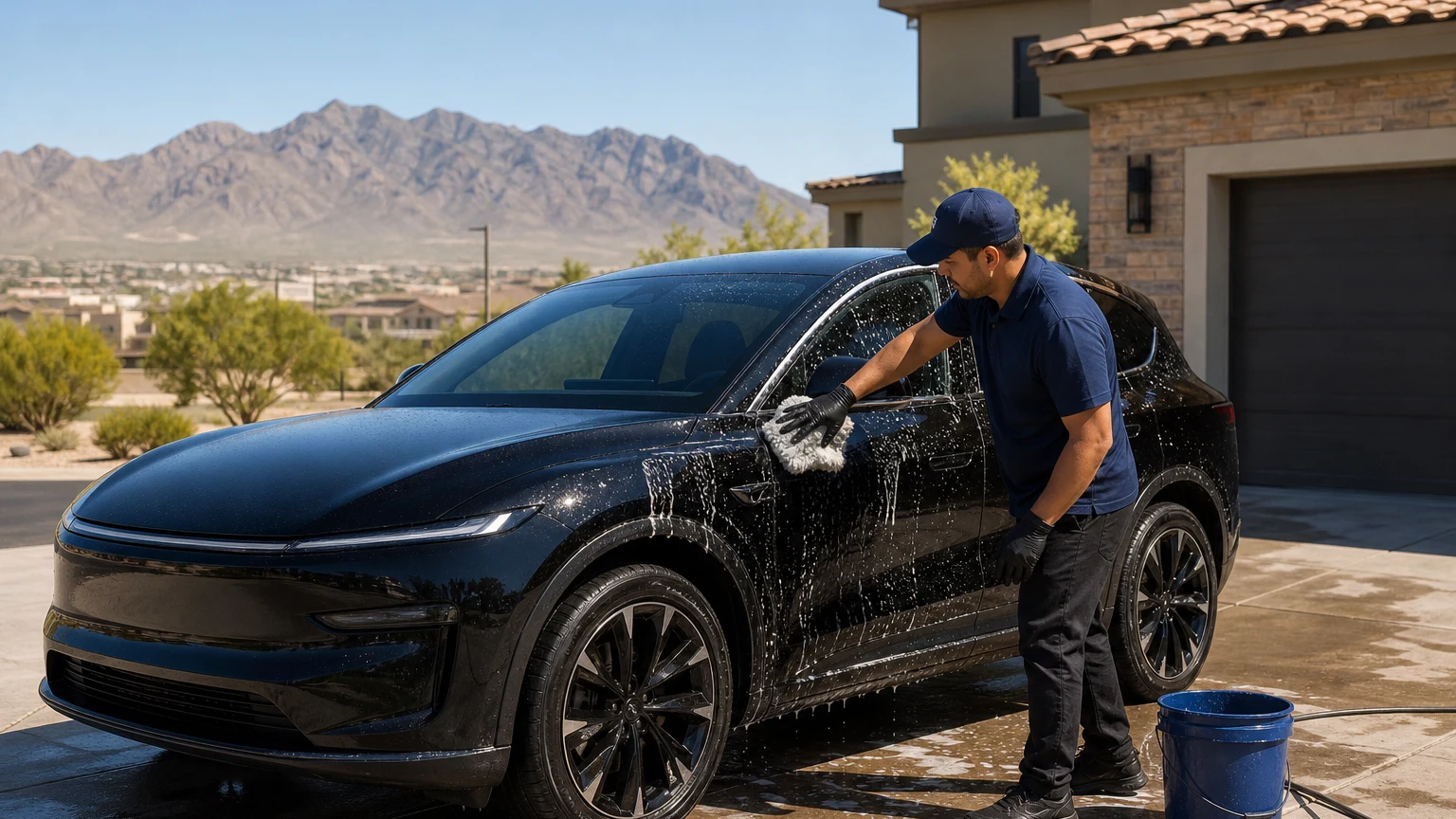 Professional mobile detailer hand-washing a black electric SUV in a Las Vegas driveway with desert mountains in the background