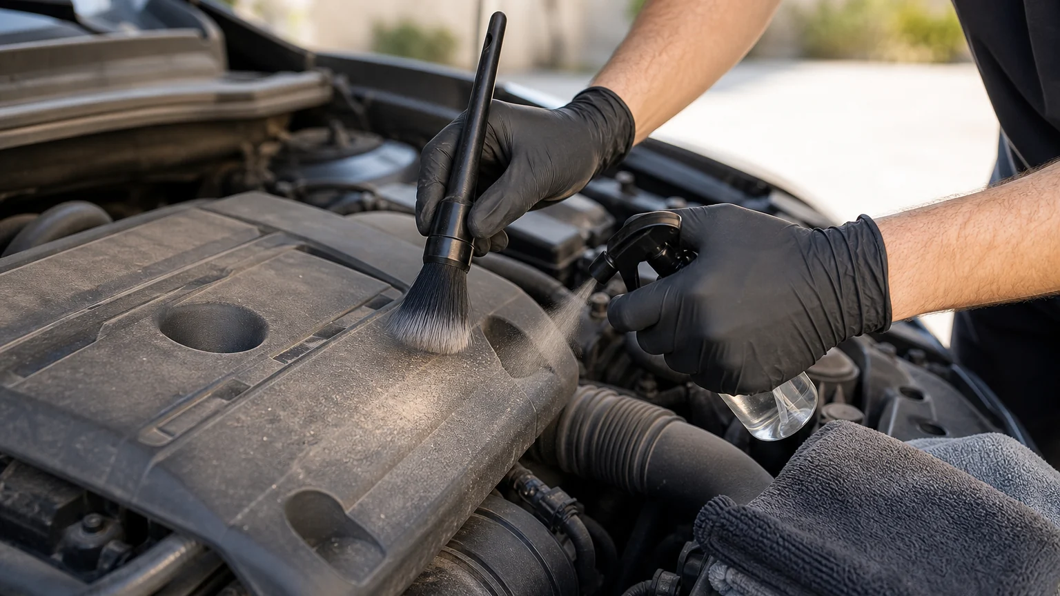 Engine bay detailing Las Vegas technician lifting desert dust from a plastic engine cover with a soft detailing brush