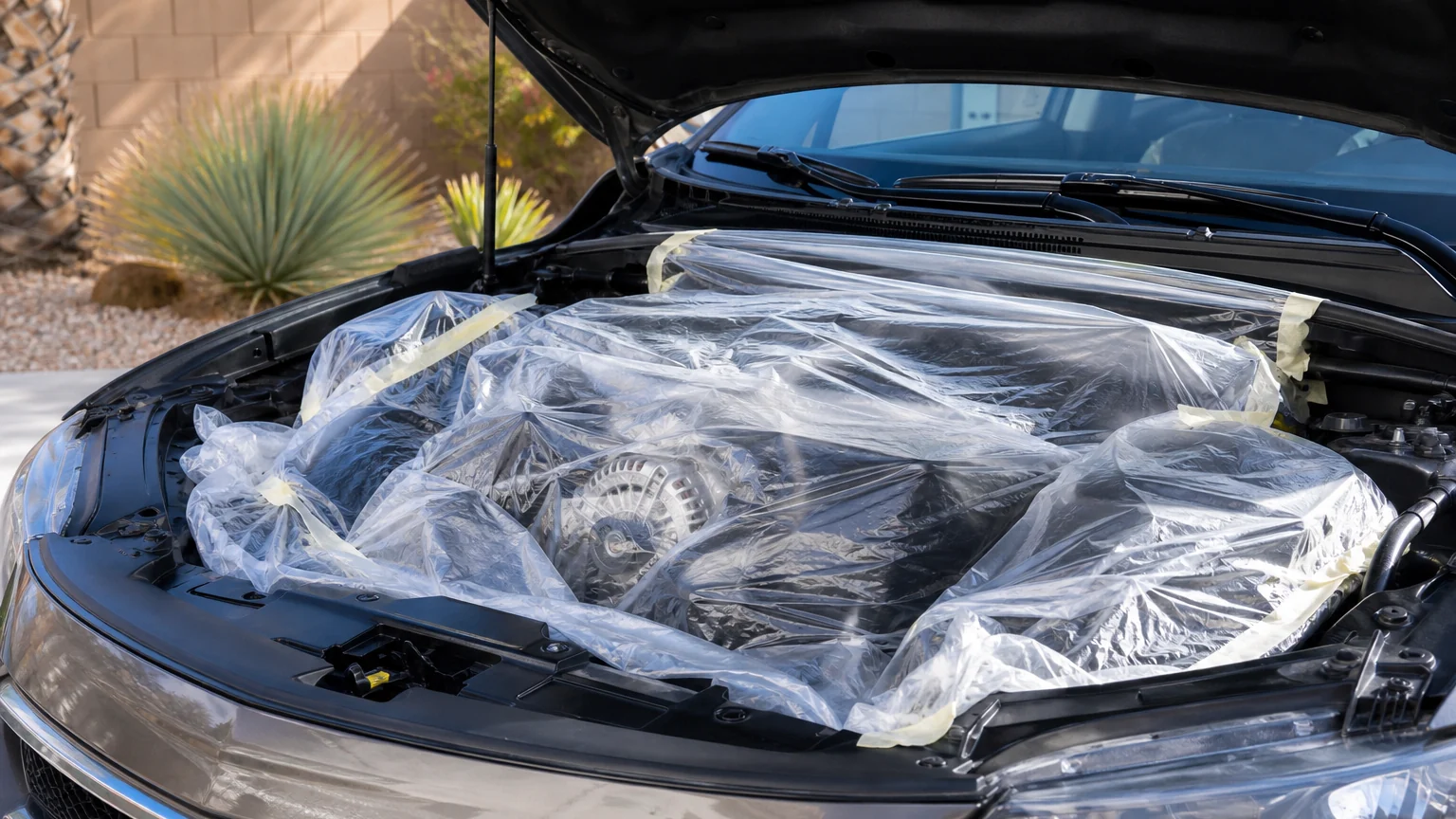 Engine bay detailing Las Vegas preparation with the alternator and fuse box masked off before any cleaning solution is applied