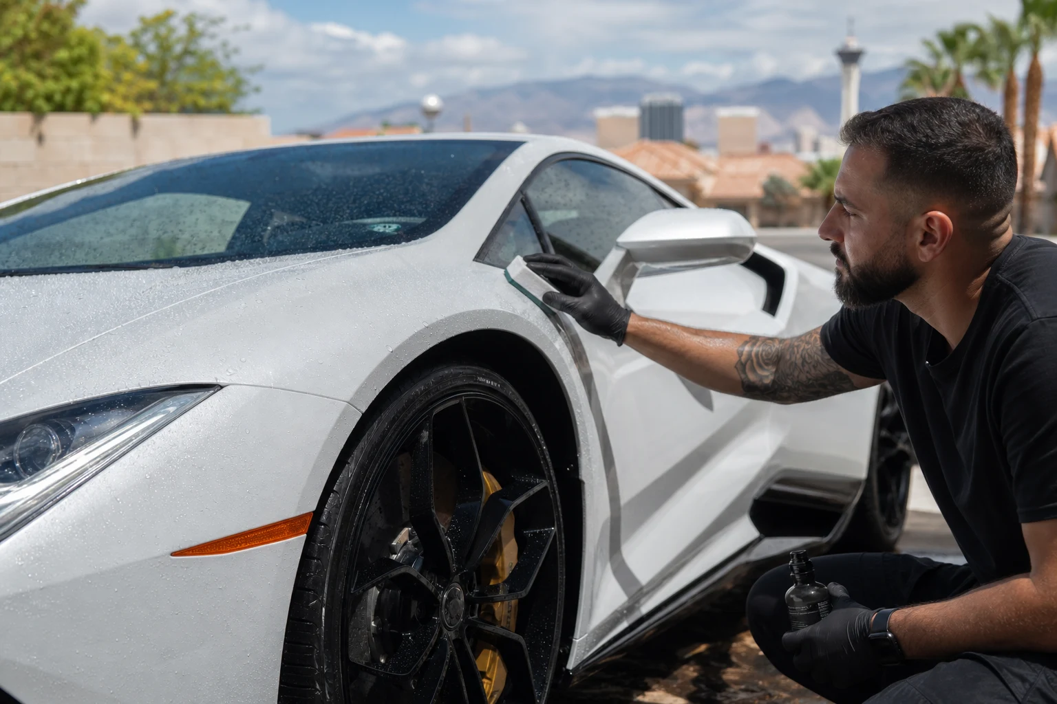 Detailer applying ceramic coating to the fender of a white exotic car with a foam applicator outdoors in Las Vegas