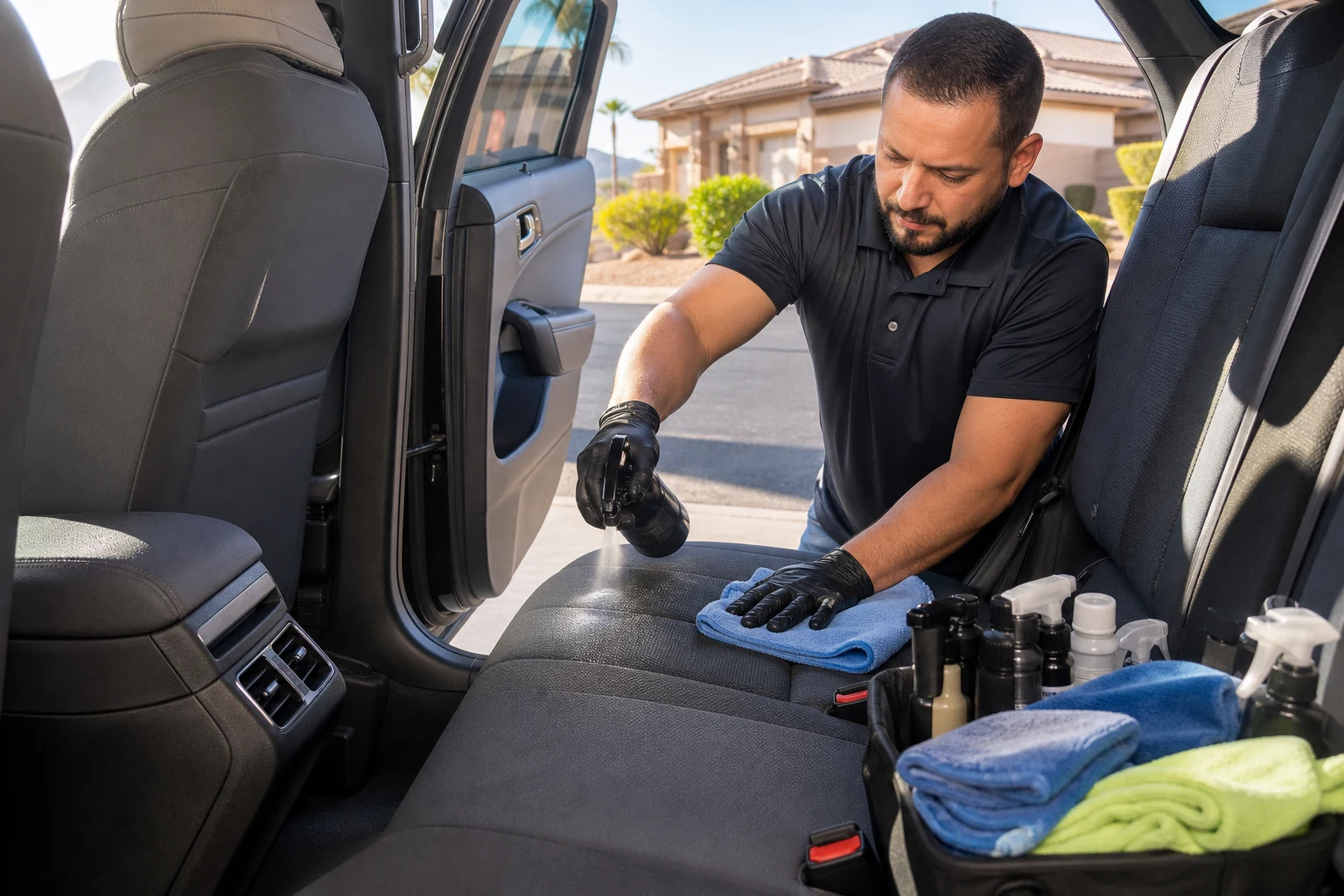 Family car detailing in Las Vegas — detailer applying fabric protectant spray to a rear seat cushion inside a family vehicle with cleaning supplies and microfiber towels nearby