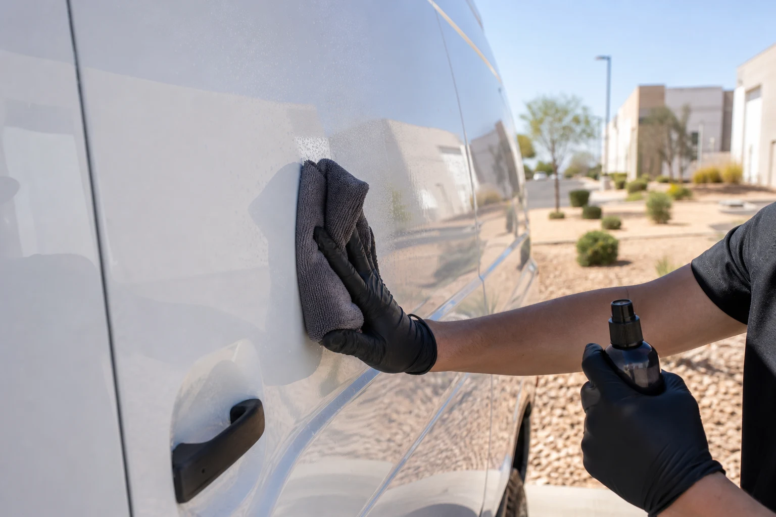 Fleet detailing Las Vegas: technician hand-polishing the glossy exterior panel of a commercial work van outside a Las Vegas business park