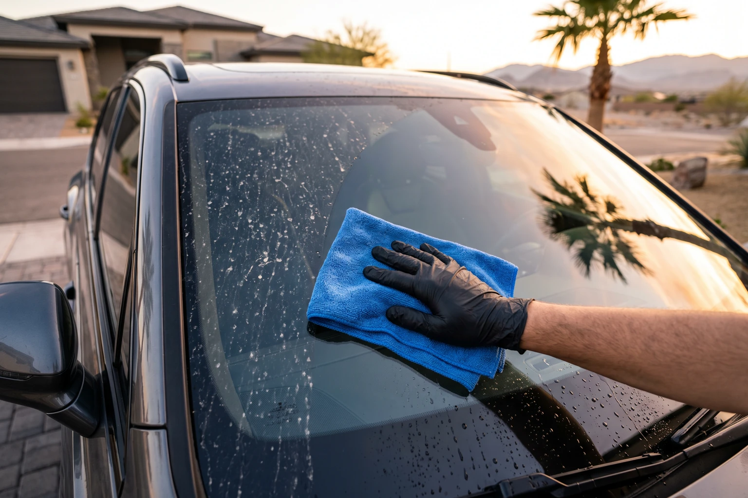 Hazy windshield Las Vegas: gloved hand wiping hard water spots and dust off the outside of a windshield with a blue microfiber towel