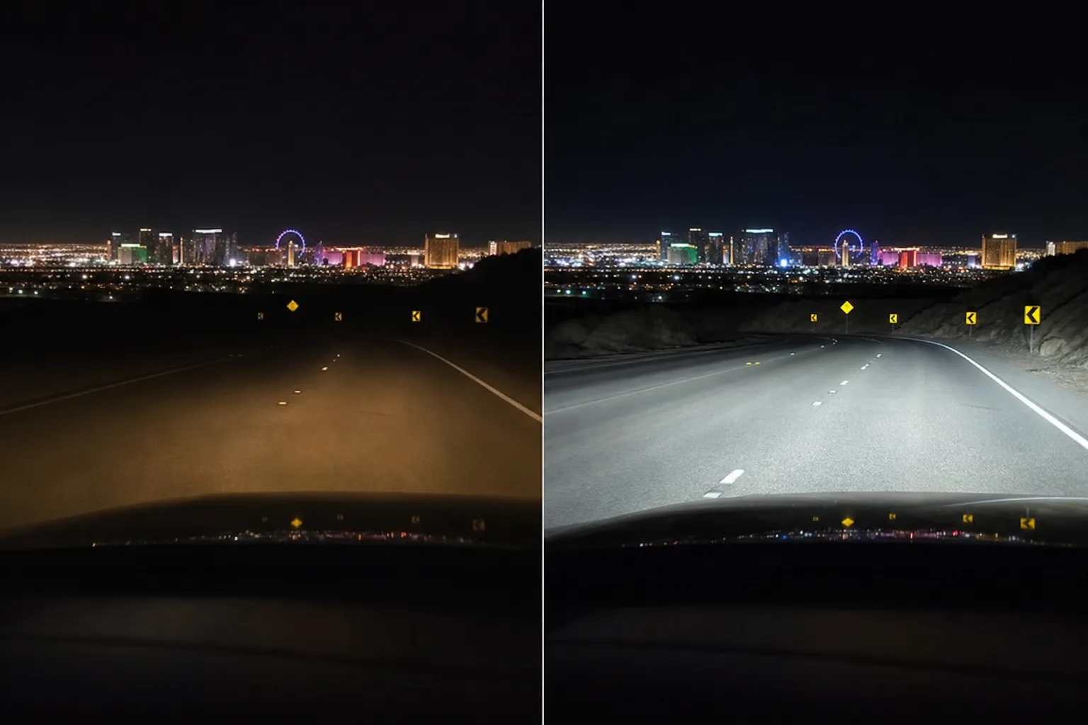 Night driving comparison showing restored vs oxidized headlight visibility on Las Vegas roads