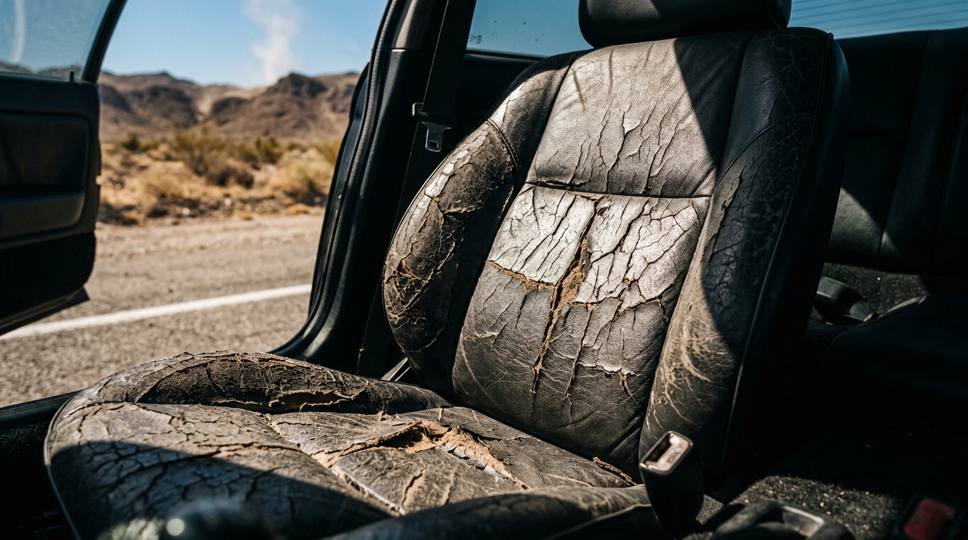 Cracked, heat-damaged leather seats showing advanced UV and heat damage from Las Vegas sun — a common sight without regular conditioning