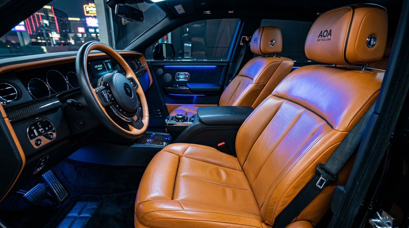 Pristine AOA Detailing-treated luxury car interior with rich tan leather seats, electric blue ambient lighting, and Las Vegas Strip visible at night