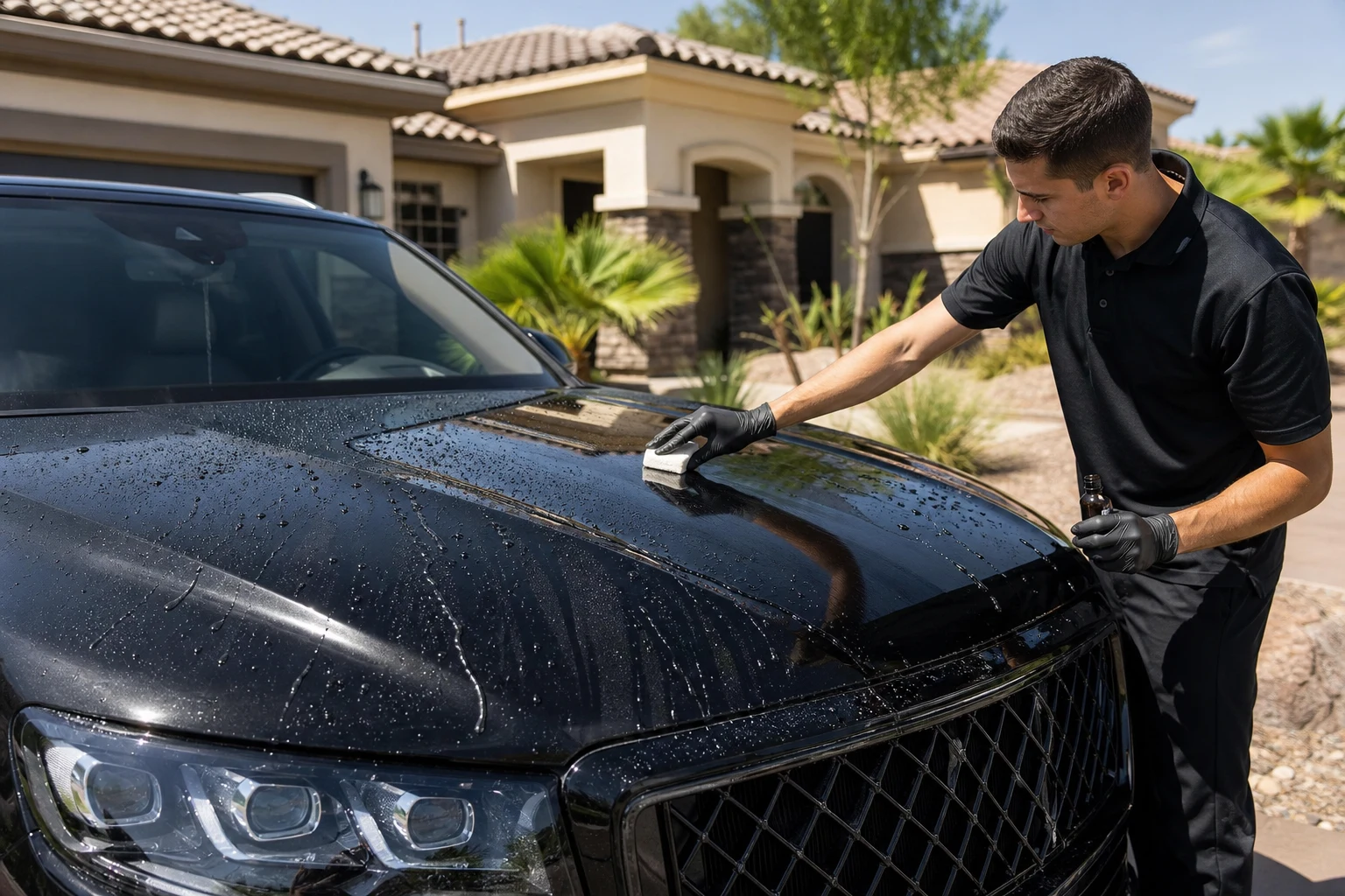 Mobile detailing Anthem NV: detailer applying ceramic coating to a glossy black SUV parked in a sunny Henderson guard-gated community driveway