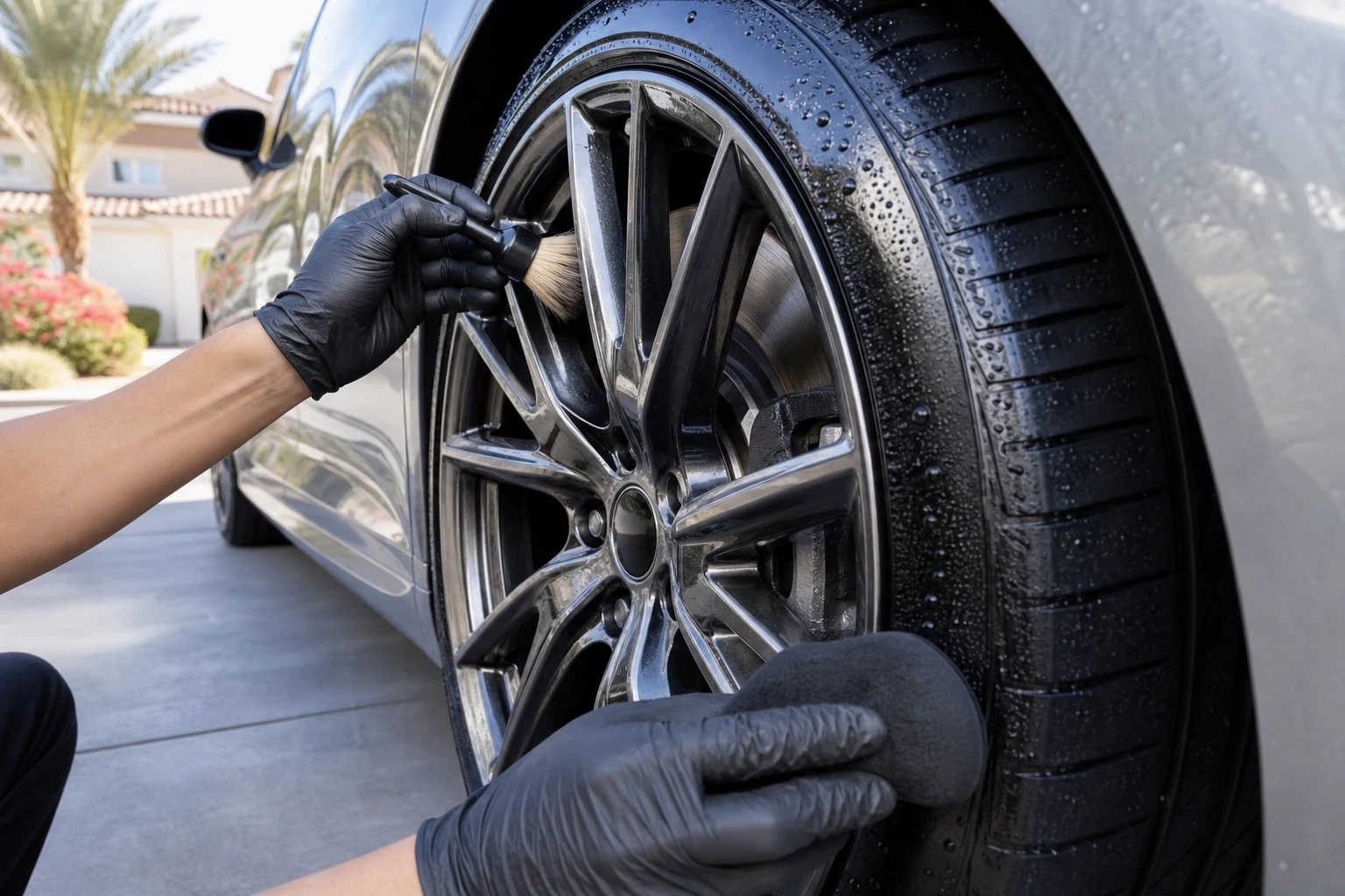 Mobile detailing Anthem NV: detailer cleaning a glossy alloy wheel and tire with a brush in a guard-gated Henderson driveway