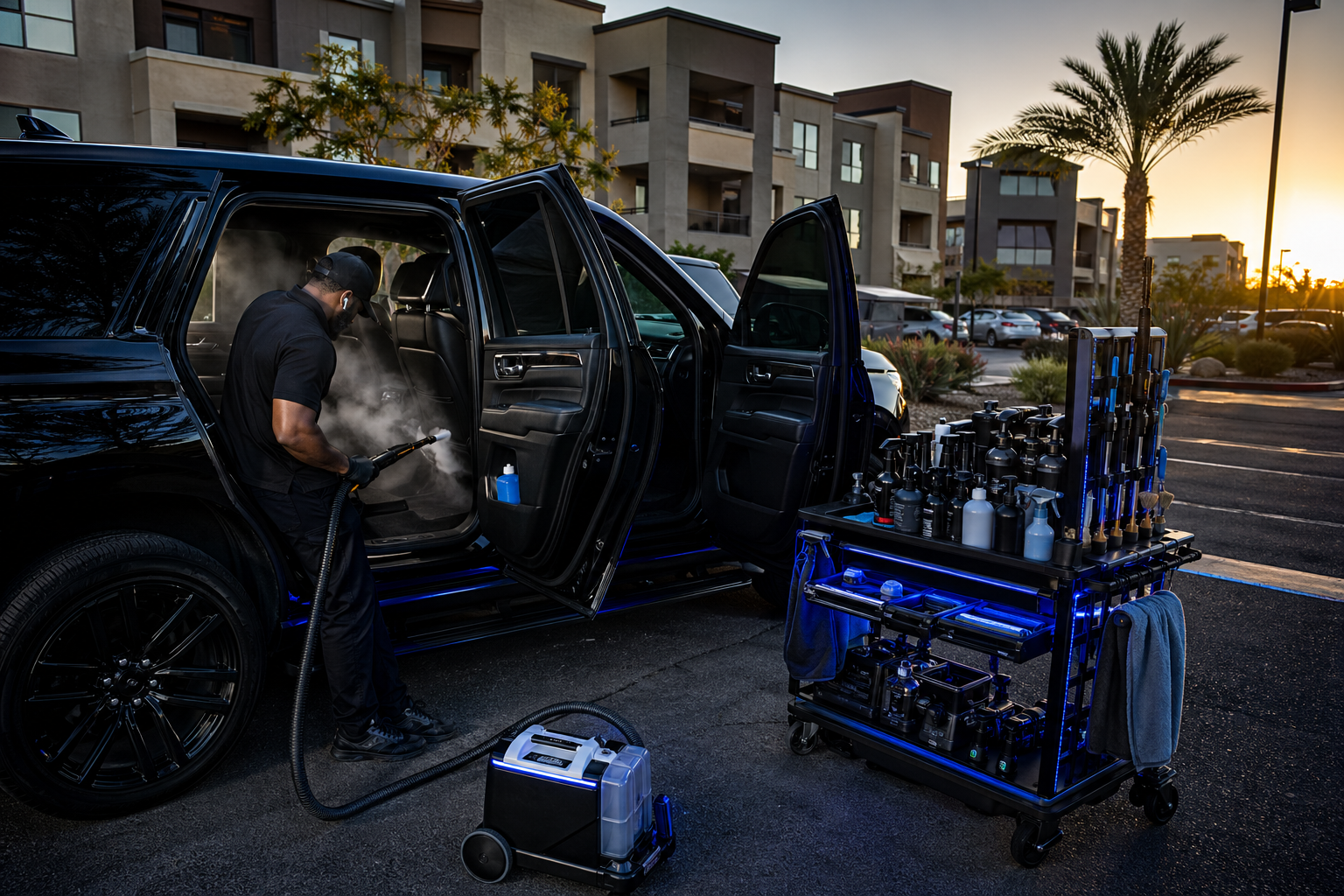 Mobile detailing setup at a Las Vegas apartment complex — professional equipment organized next to a black SUV being interior detailed with desert apartment buildings in the background