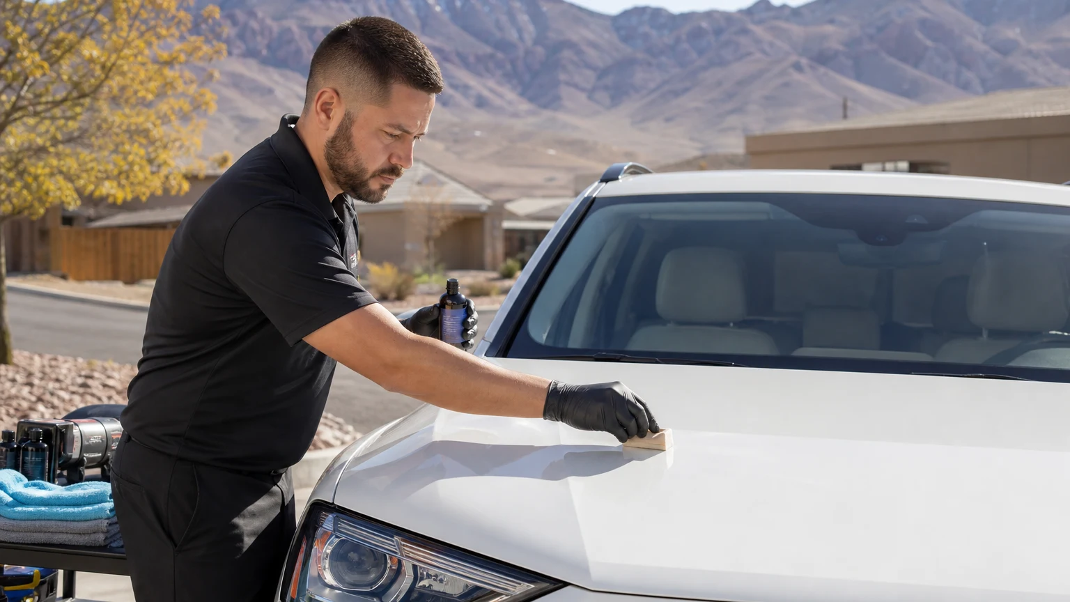 Professional detailer applying ceramic coating to a glossy SUV parked outside a home in Boulder City NV, desert mountains in the background
