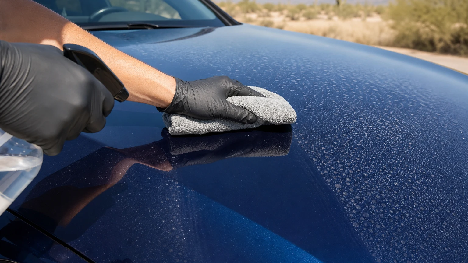 AOA Detailing technician performing mobile detailing Boulder City NV clients rely on, removing mineral water spots from a car hood in a Historic District driveway