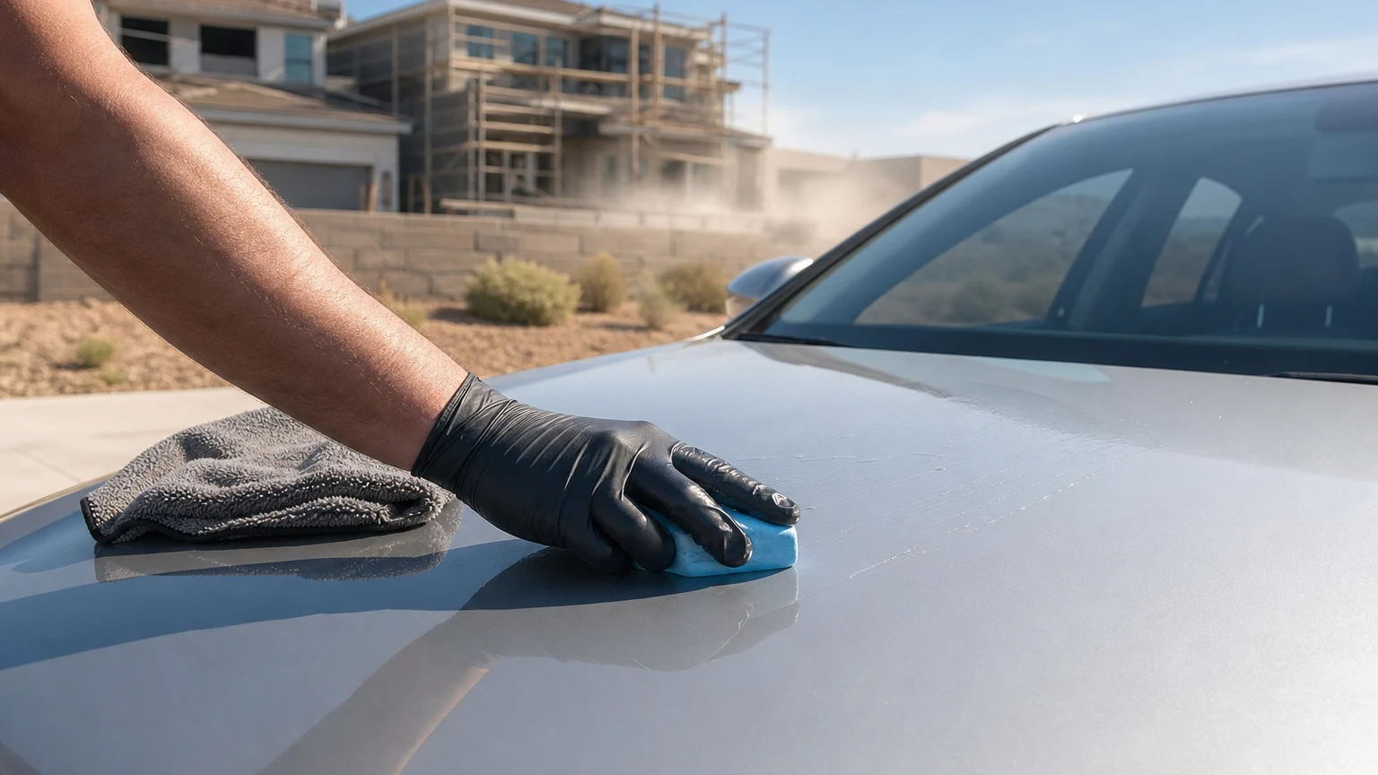 Professional mobile detailer using a clay bar to remove construction dust from a car hood with a new home under construction visible in the background in Centennial Hills, Las Vegas