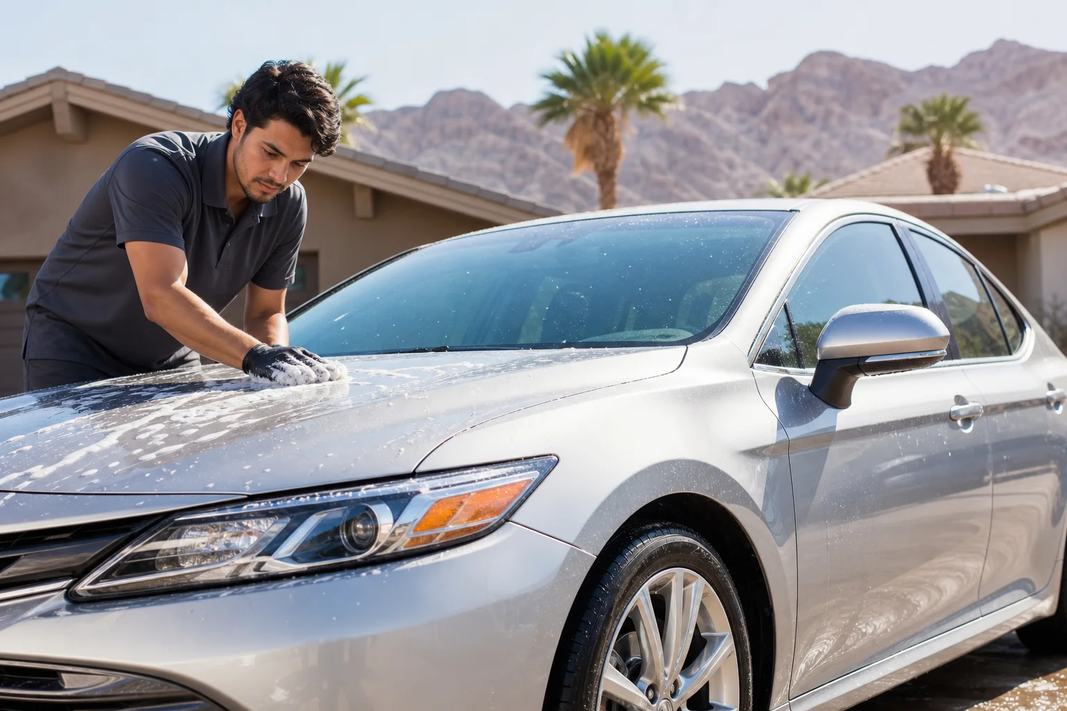 Mobile detailer hand-washing the exterior of a sedan in a Las Vegas driveway, the kind of vehicle size and condition that determines mobile detailing cost in Las Vegas