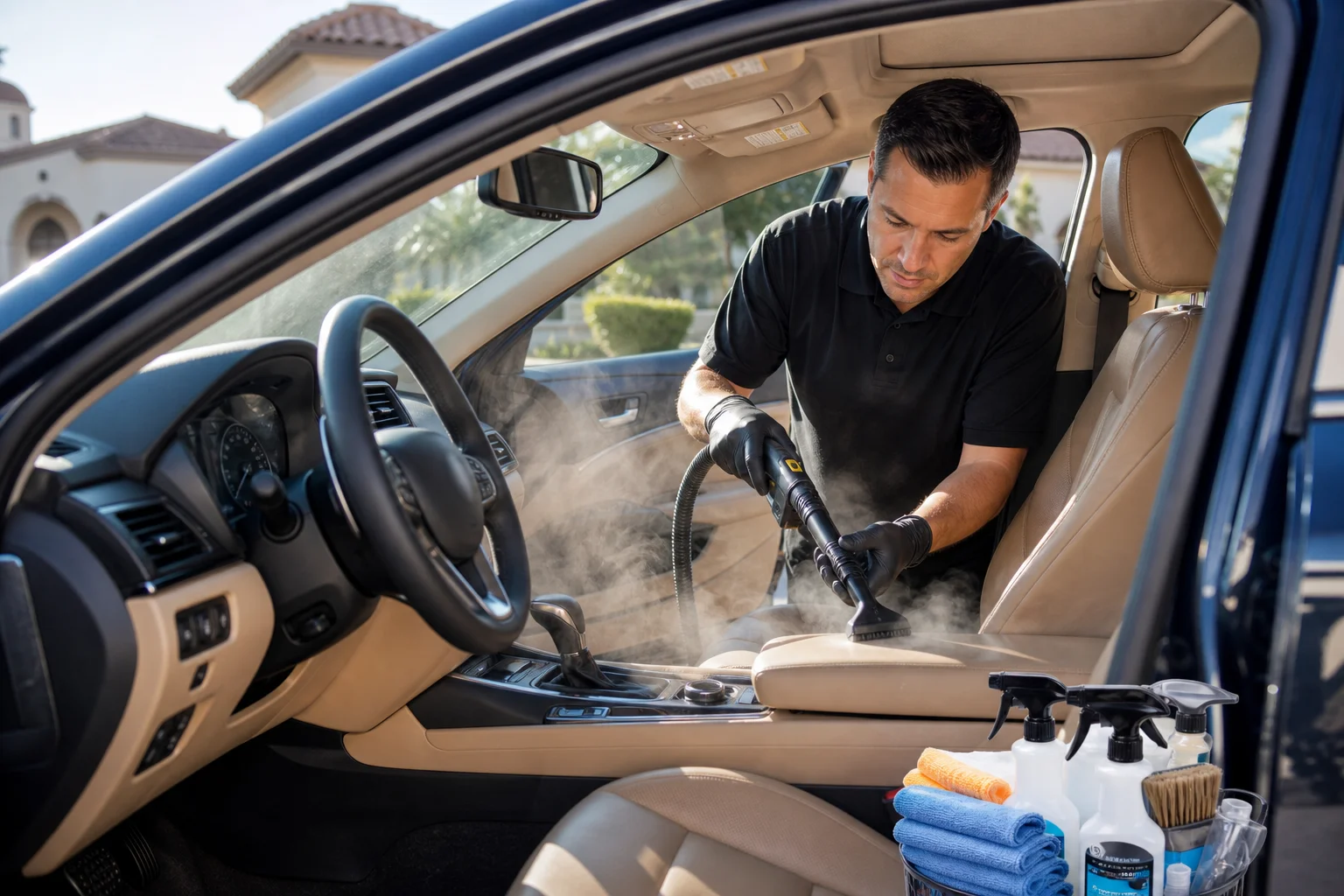 Mobile detailer vacuuming and steam-cleaning the interior of a vehicle parked in a Las Vegas driveway, part of what shapes the final interior detailing price