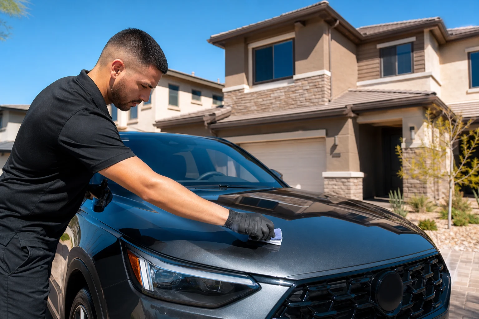 Mobile detailing Enterprise NV: detailer applying ceramic coating to a gray crossover SUV parked in front of a new two-story home in a Mountain's Edge subdivision
