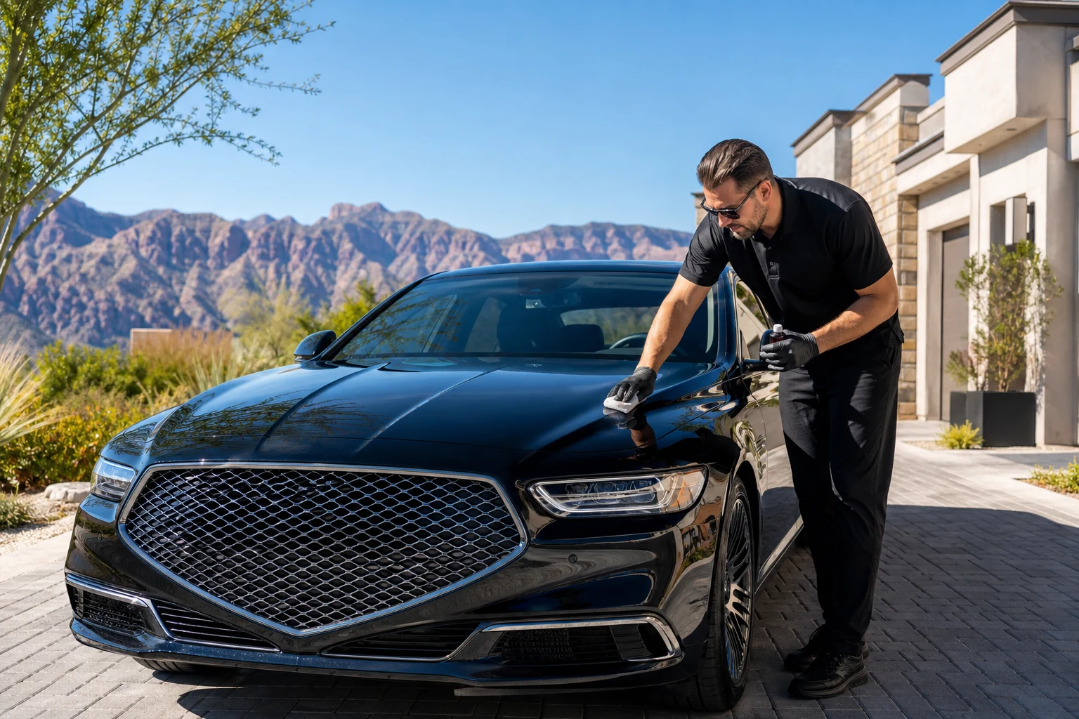 Detailer applying ceramic coating to the hood of a glossy black luxury sedan in a Southern Highlands driveway with clear blue sky and desert mountains behind