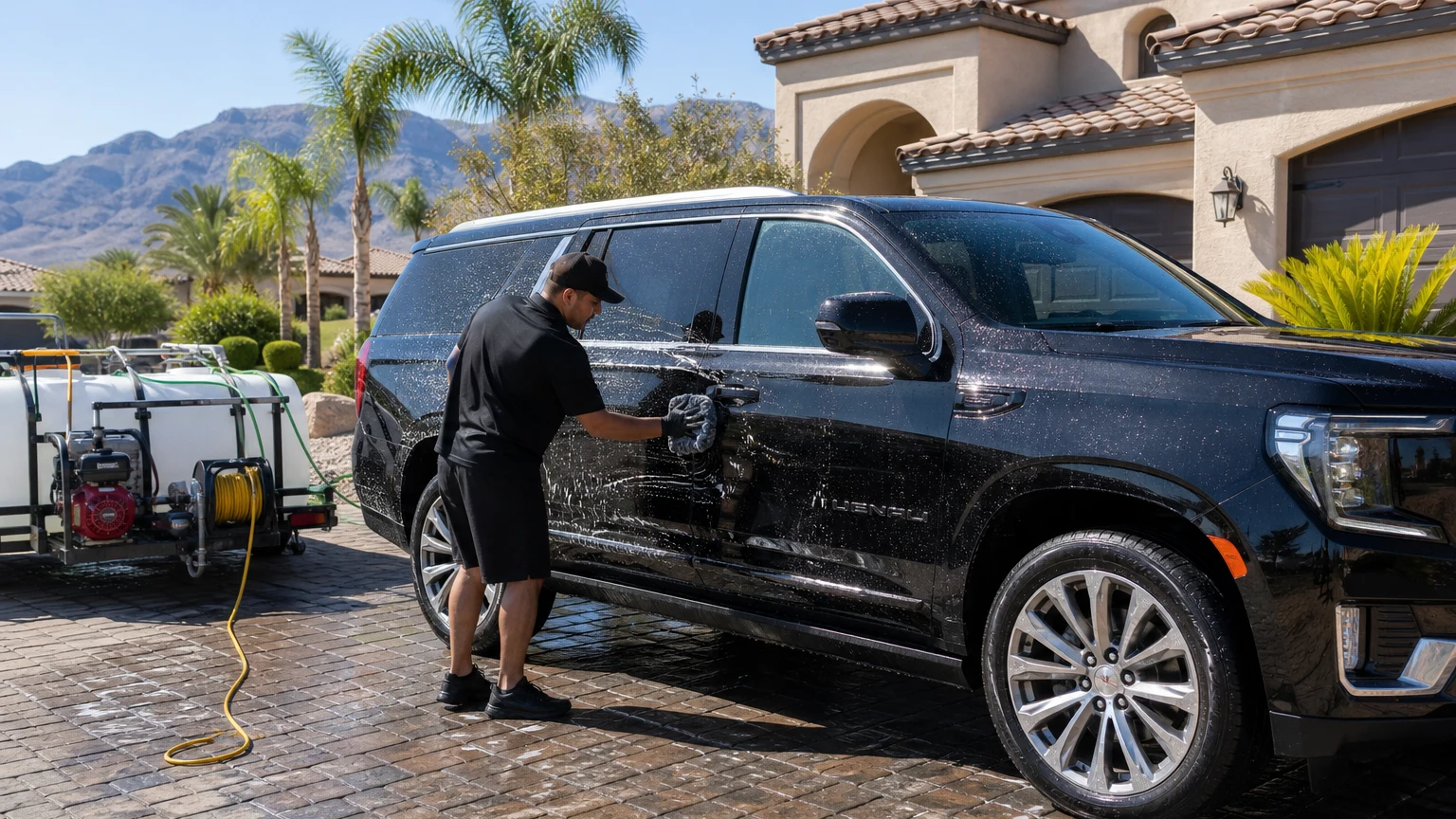 Mobile detailing Southern Highlands Las Vegas technician hand-washing a luxury SUV in a wide stone driveway with desert mountains in the background