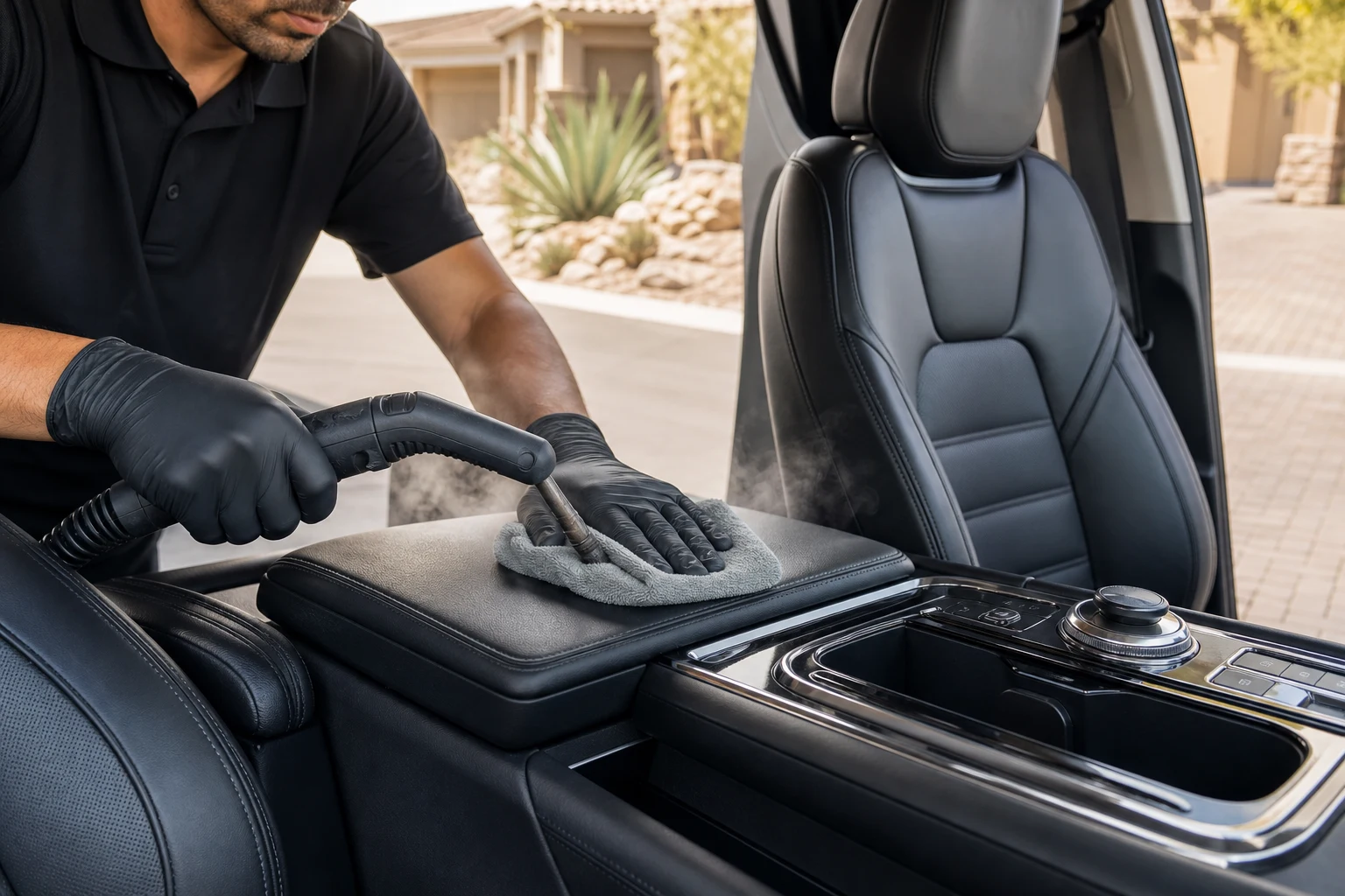 Detailer steam-cleaning leather seats and console inside a luxury SUV parked in a Southern Highlands Las Vegas driveway