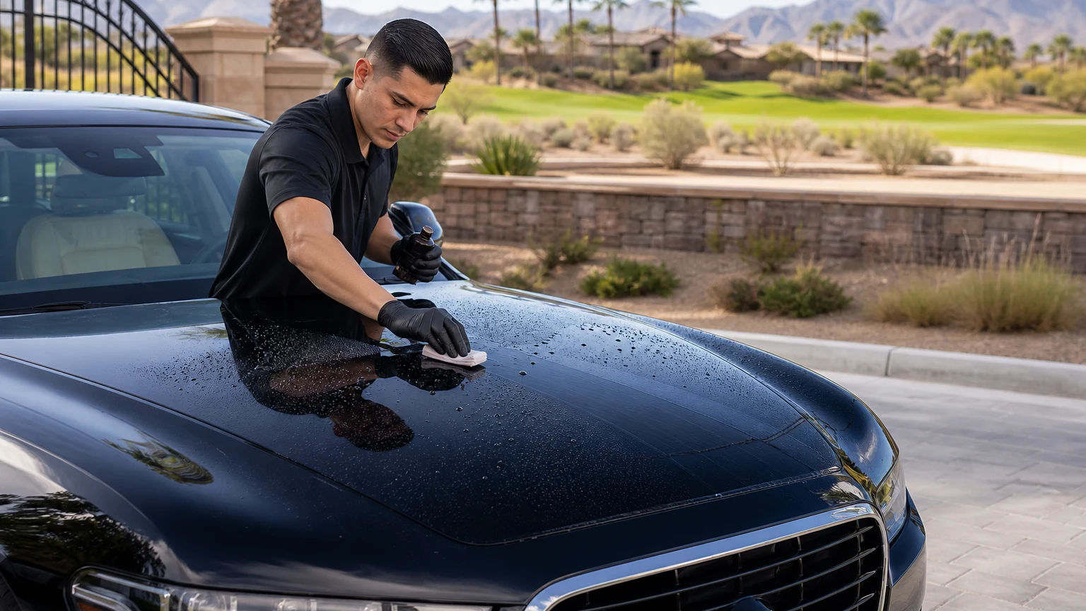 Detailer applying ceramic coating to a black luxury sedan in a gated Spanish Trail driveway with a golf course visible beyond the wall