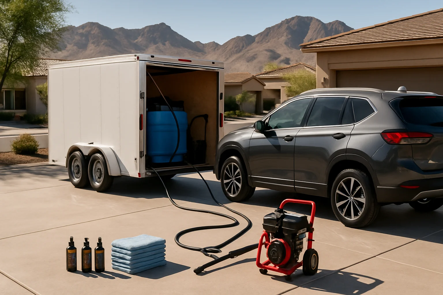 Mobile detailing setup with ceramic coating products in a Las Vegas suburban driveway — new car protection Las Vegas