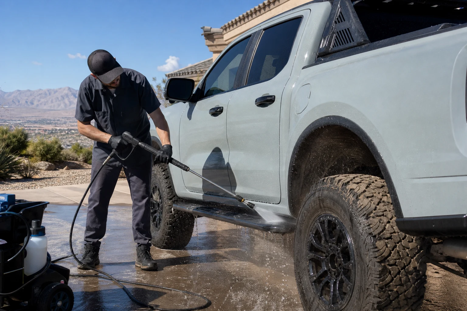 Mobile detailer pressure-washing packed desert sand and silica dust out of the wheel well and rock slider of an off-road truck in a Las Vegas driveway