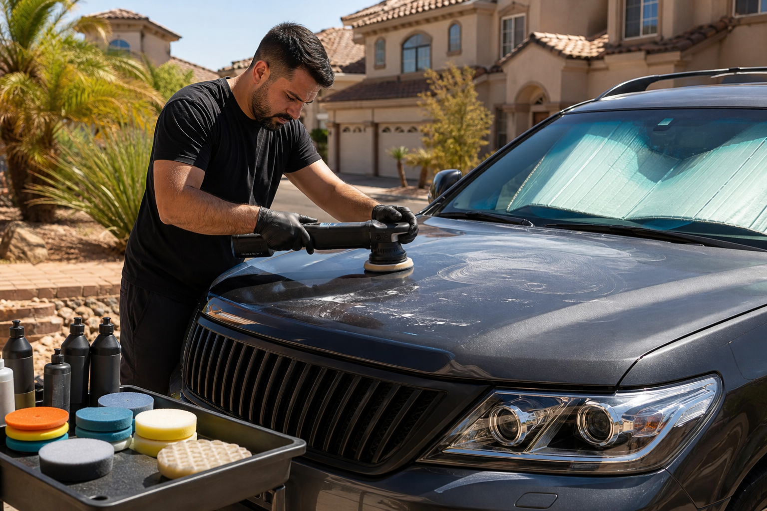Professional detailer performing multi-stage paint correction on an SUV in a Las Vegas driveway with polishing compounds and orbital polisher
