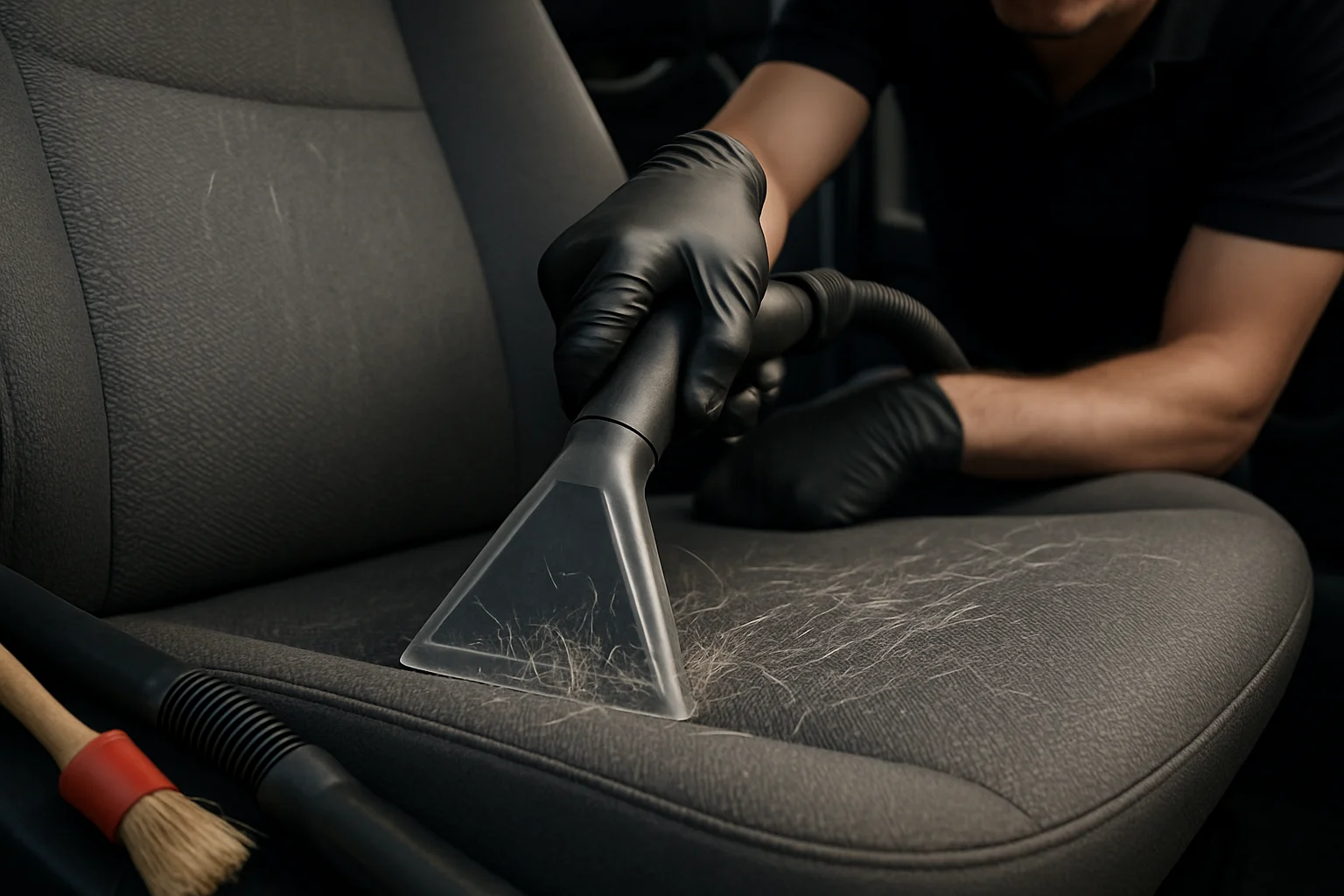 Professional pet hair extraction from car seats during mobile detailing in Las Vegas
