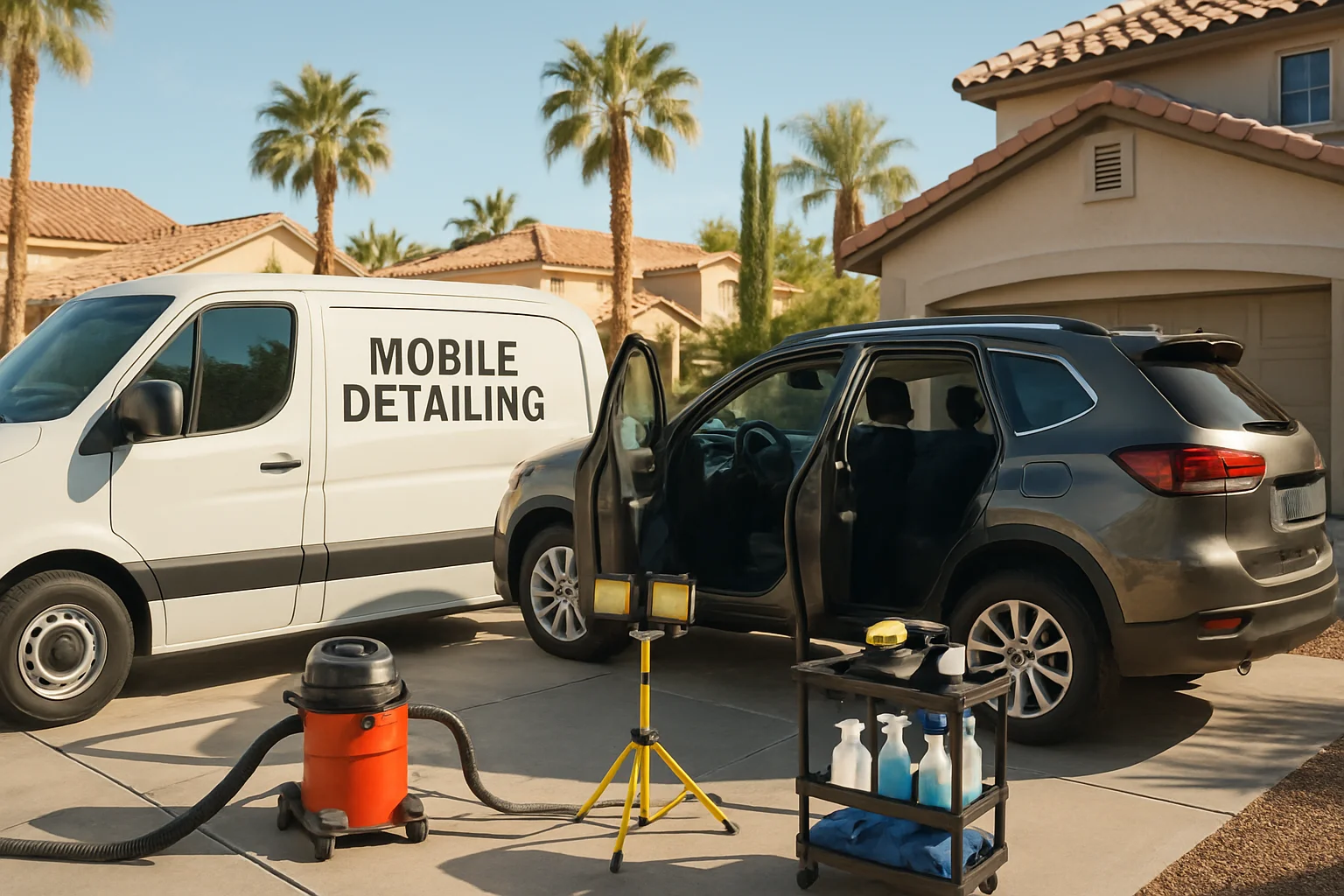 Mobile auto detailing setup for pet hair removal service in a Las Vegas neighborhood